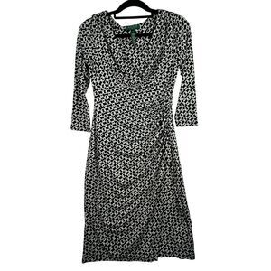 Lauren Ralph Lauren Chain Print Faux Wrap Dress Size 2 Ruched Stretch Equestrian